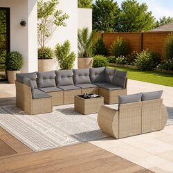 Outdoor Sectional Sofa Set 10 Piece Garden Furniture Beige Poly Rattan with