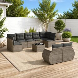 Outdoor Garden Sofa Set 10 Piece Grey Poly Rattan Patio Sectional with Cushions