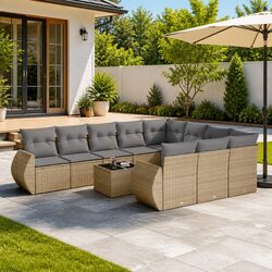 Outdoor Sectional Sofa Set 11 Piece Garden Furniture Beige Poly Rattan with