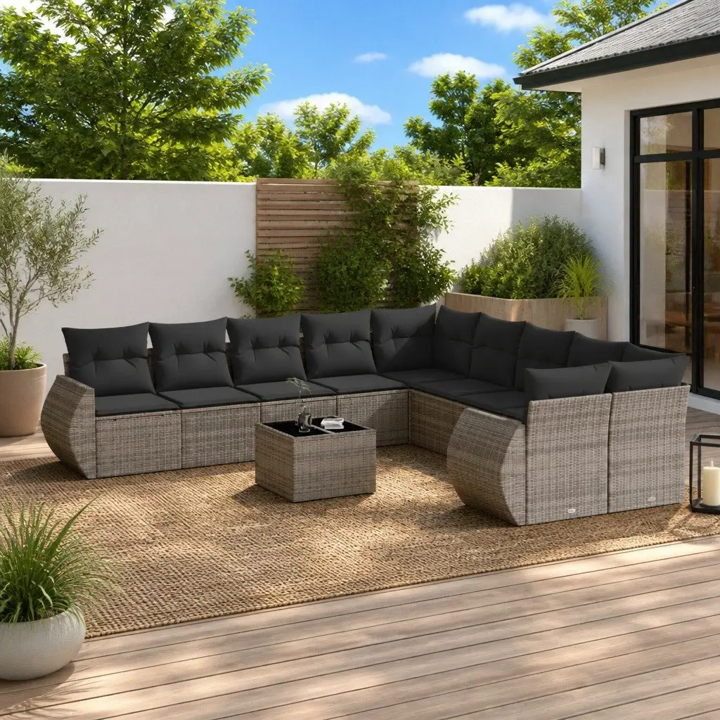 11 Piece Outdoor Garden Sofa Set Grey Poly Rattan Patio Sectional with Cushions