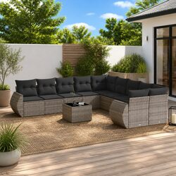 11 Piece Outdoor Garden Sofa Set Grey Poly Rattan Patio Sectional with Cushions