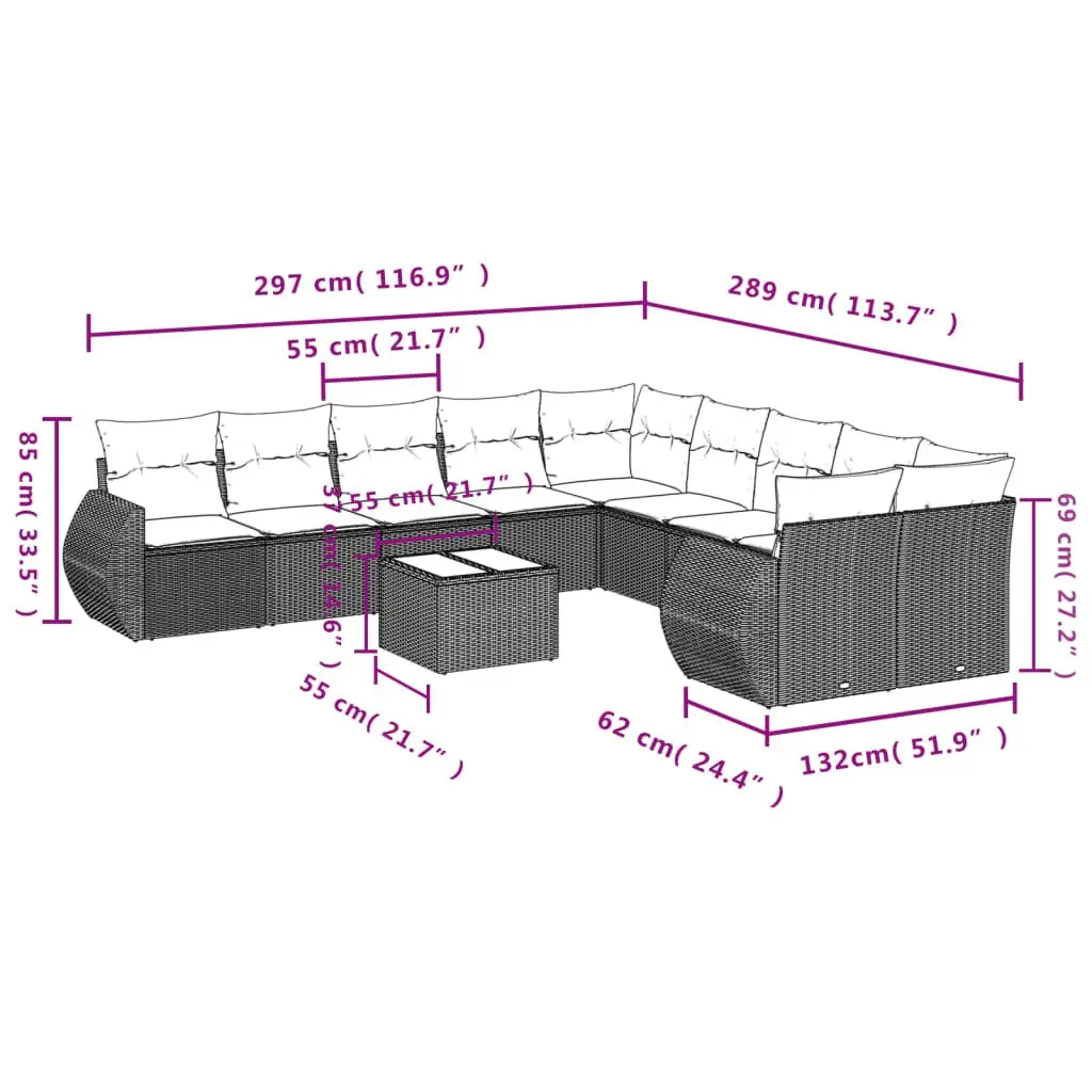 11 Piece Outdoor Garden Sofa Set Grey Poly Rattan Patio Sectional with Cushions