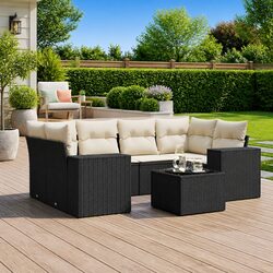Outdoor Sectional Sofa Set 7 Piece Black Poly Rattan Garden Furniture with