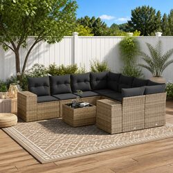 Outdoor Sectional Sofa Set 9 Piece Grey Poly Rattan Garden Furniture with