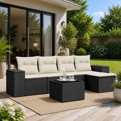 Outdoor Garden Sofa Set 6 Piece Black Poly Rattan Sectional Patio Furniture