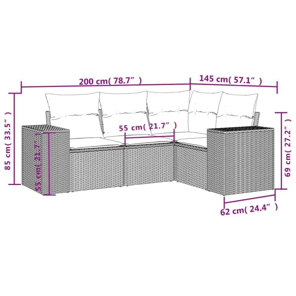 4 Piece Outdoor Sectional Sofa Set Black Garden Furniture with Removable