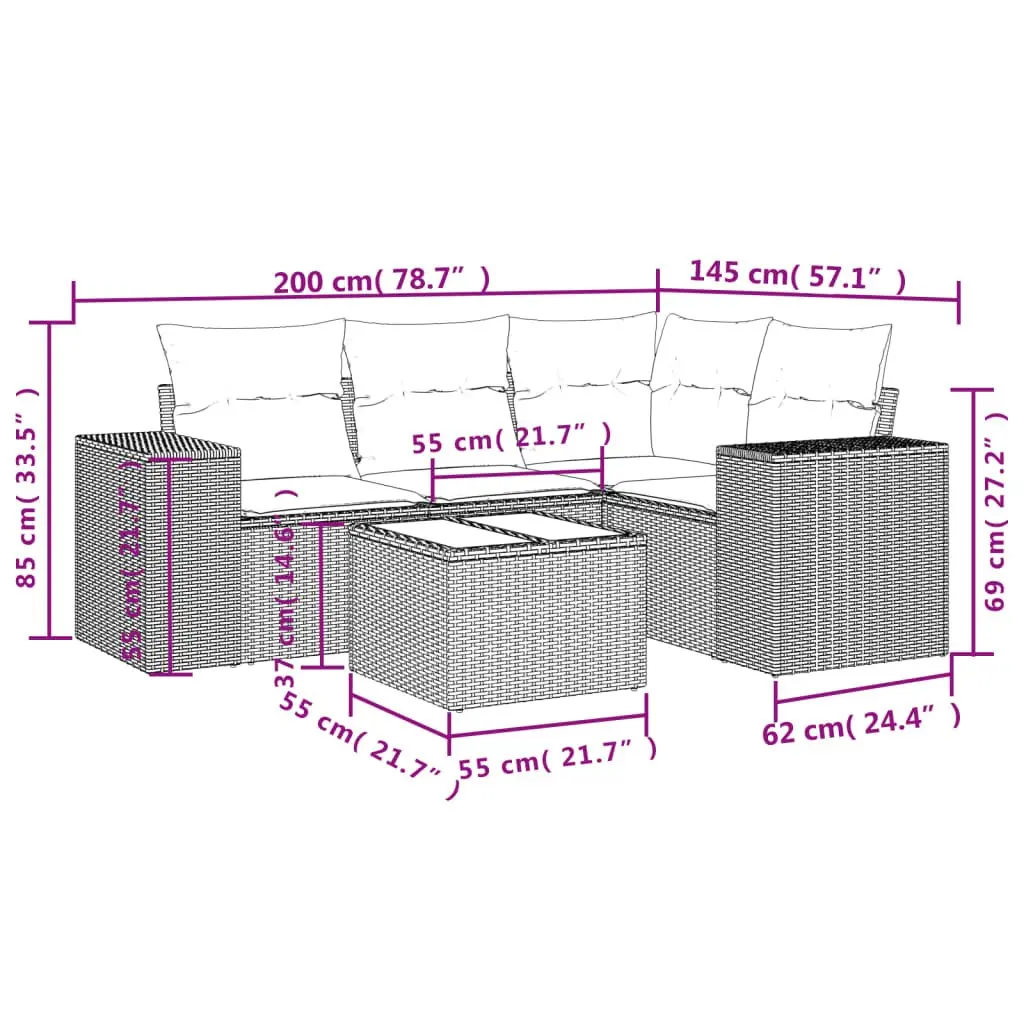 Outdoor Sofa Set 5 Piece Modular Black PE Rattan Garden Furniture
