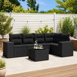 6 Piece Outdoor Garden Sofa Set with Cushions Black Poly Rattan Sectional Patio