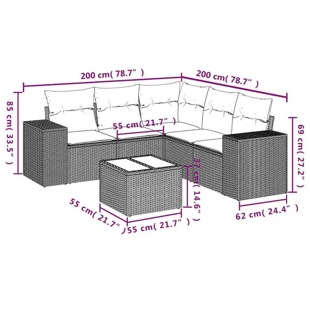 6 Piece Outdoor Garden Sofa Set Black Poly Rattan Patio Furniture with Cushions