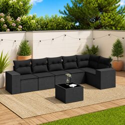 7 Piece Garden Sofa Set Outdoor Patio Furniture Black Poly Rattan with Cushions