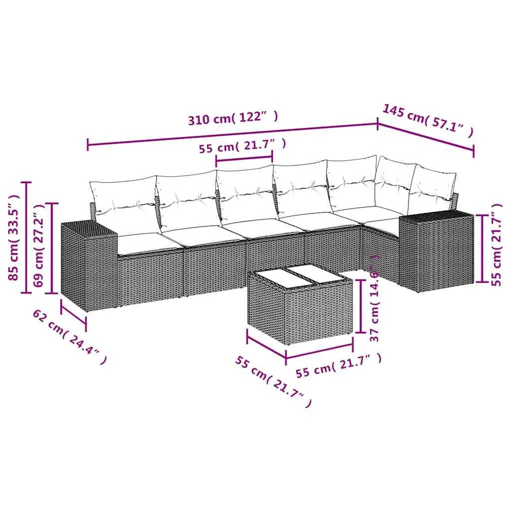 7 Piece Garden Sofa Set Outdoor Patio Furniture Black Poly Rattan with Cushions