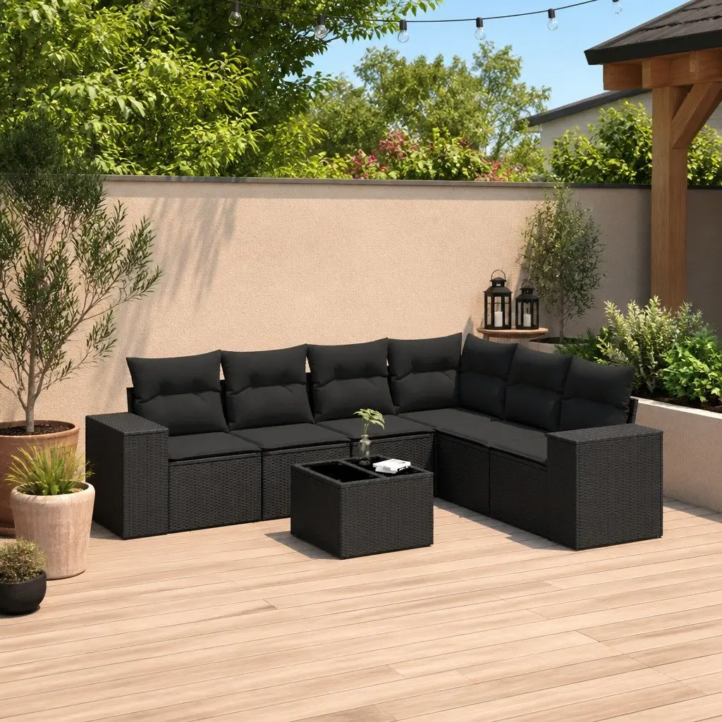 7 Piece Garden Sofa Set Outdoor Patio Furniture Black Poly Rattan with Cushions