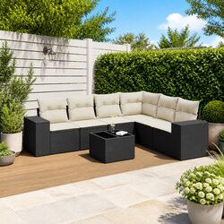 7 Piece Outdoor Garden Sofa Set with Cushions Black Poly Rattan Patio Furniture