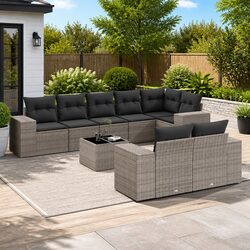 Garden Sofa Set 9 Piece Grey Poly Rattan Outdoor Furniture Patio with Cushions