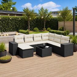 Garden Sofa Set 8 Piece Outdoor Furniture Black Poly Rattan with Cushions Patio