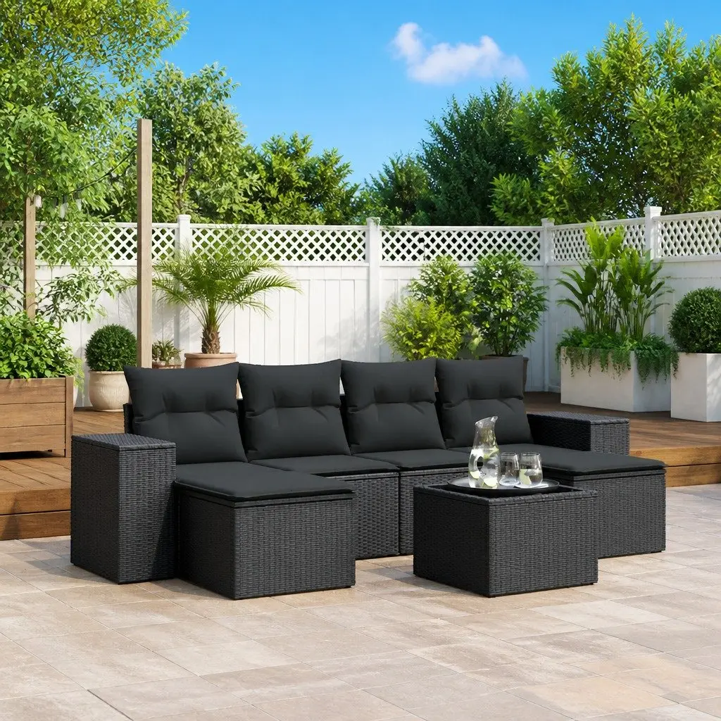 7 Piece Outdoor Garden Sofa Set Black Poly Rattan Patio Furniture with Cushions