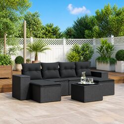 7 Piece Outdoor Garden Sofa Set Black Poly Rattan Patio Furniture with Cushions