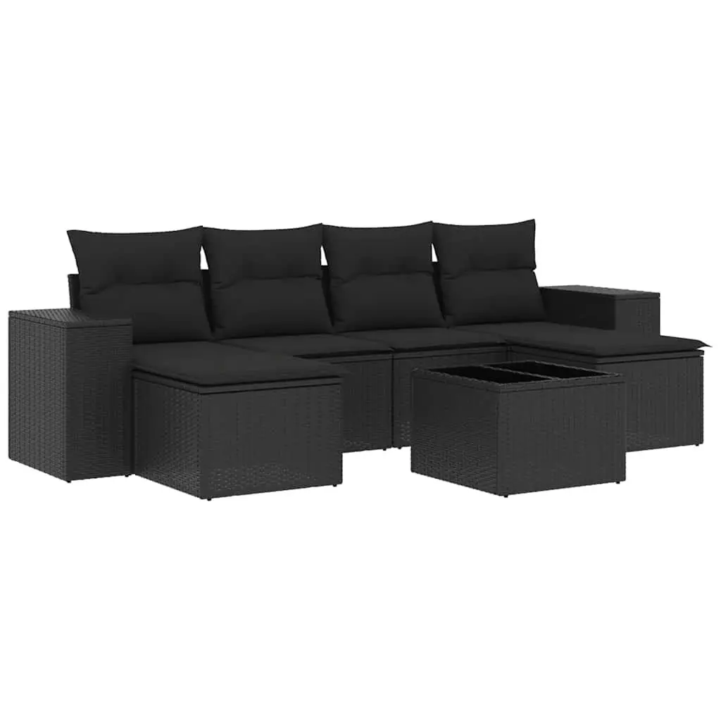 7 Piece Outdoor Garden Sofa Set Black Poly Rattan Patio Furniture with Cushions