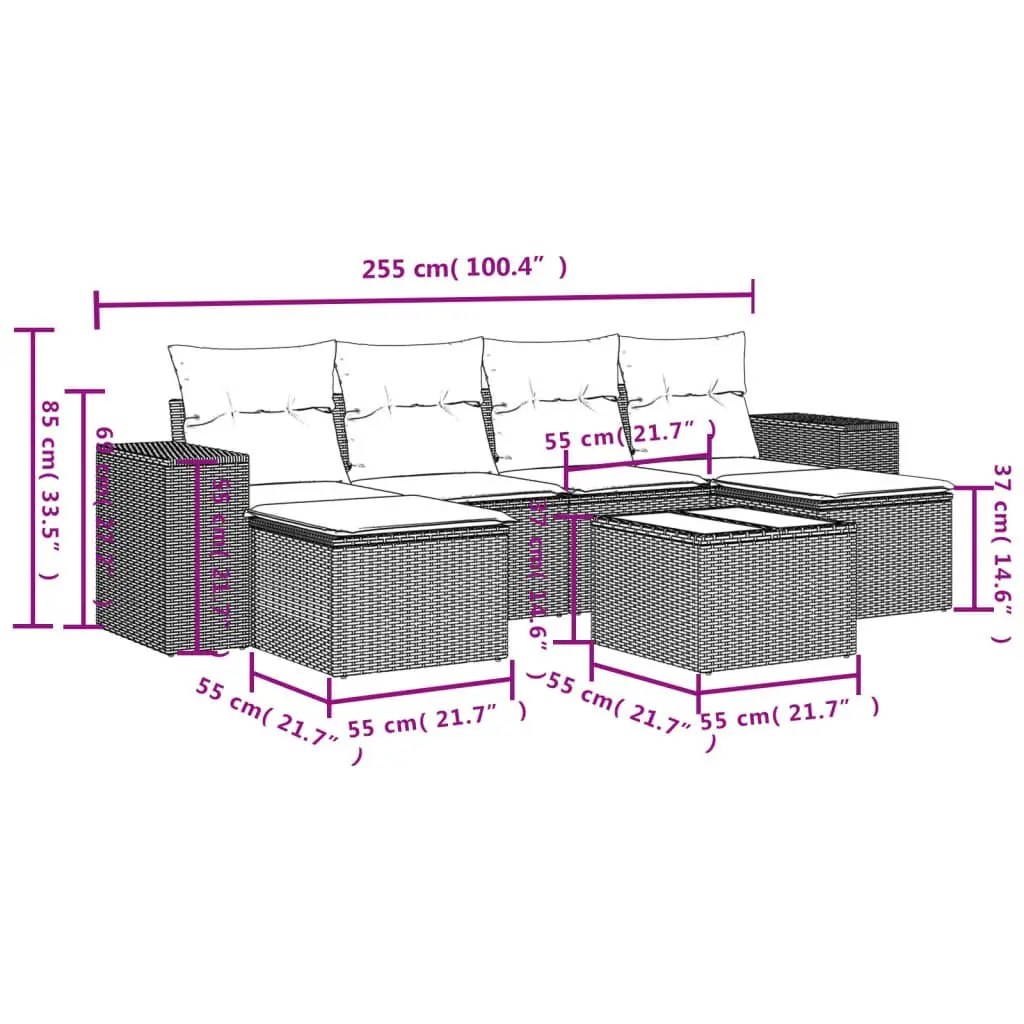 7 Piece Outdoor Garden Sofa Set Black Poly Rattan Patio Furniture with Cushions