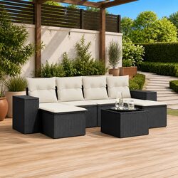 Outdoor Garden Sofa Set 7 Piece Black Poly Rattan Patio Furniture with Cushions