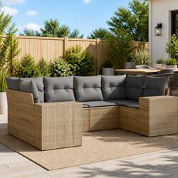 Garden Sofa Set 6 Piece Outdoor Furniture Patio Beige Poly Rattan Modular