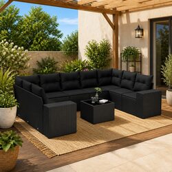 Garden Sofa Set 10 Piece Outdoor Furniture Black Poly Rattan Modular Cushions
