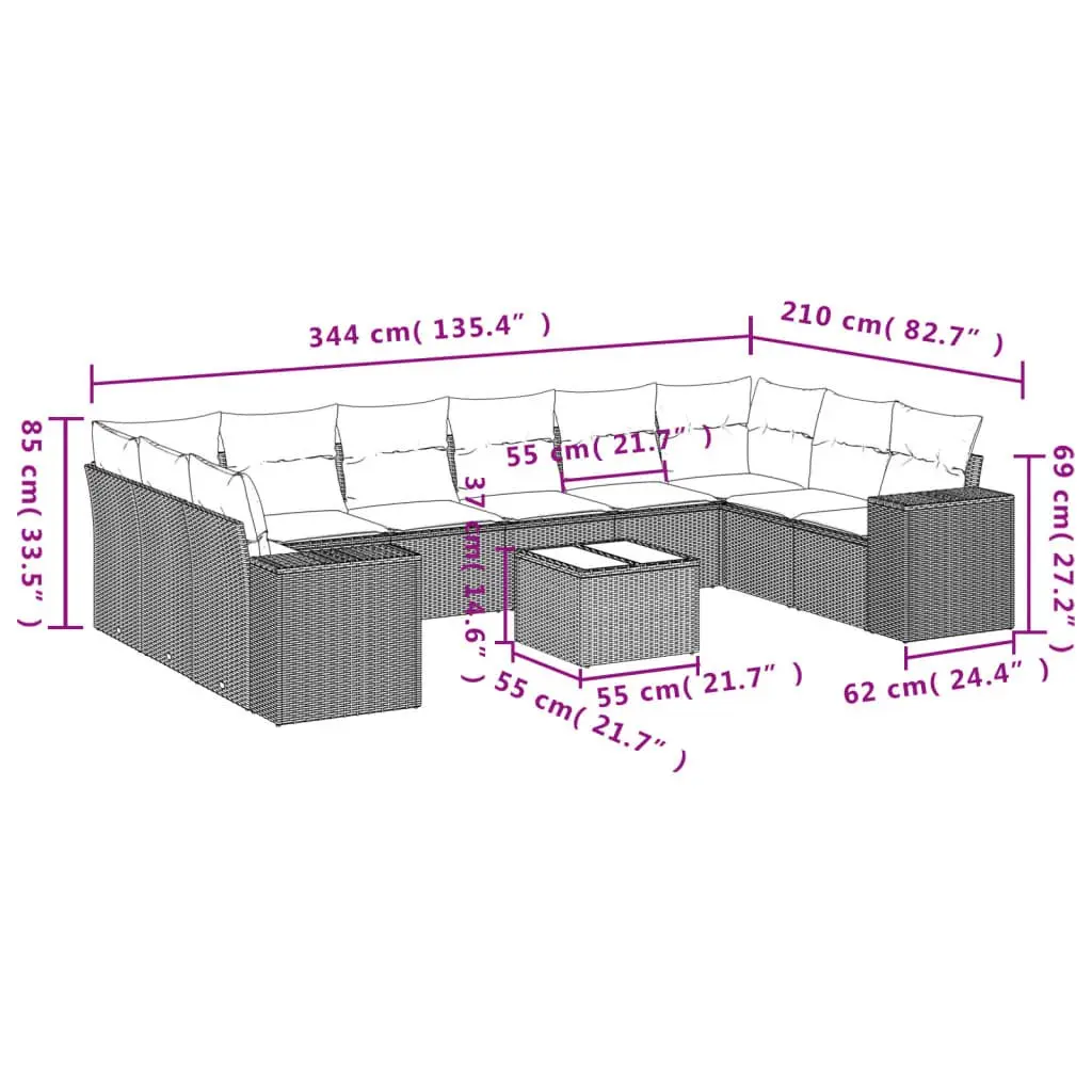 11 Piece Garden Sofa Set Outdoor Patio Furniture Black Rattan with Cushions