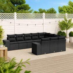 Outdoor Garden Sofa Set 10 Piece Black Poly Rattan Patio Furniture with Cushions