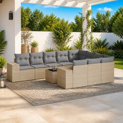 Outdoor Garden Sofa Set 11 Piece Beige Poly Rattan Patio Furniture with Cushions