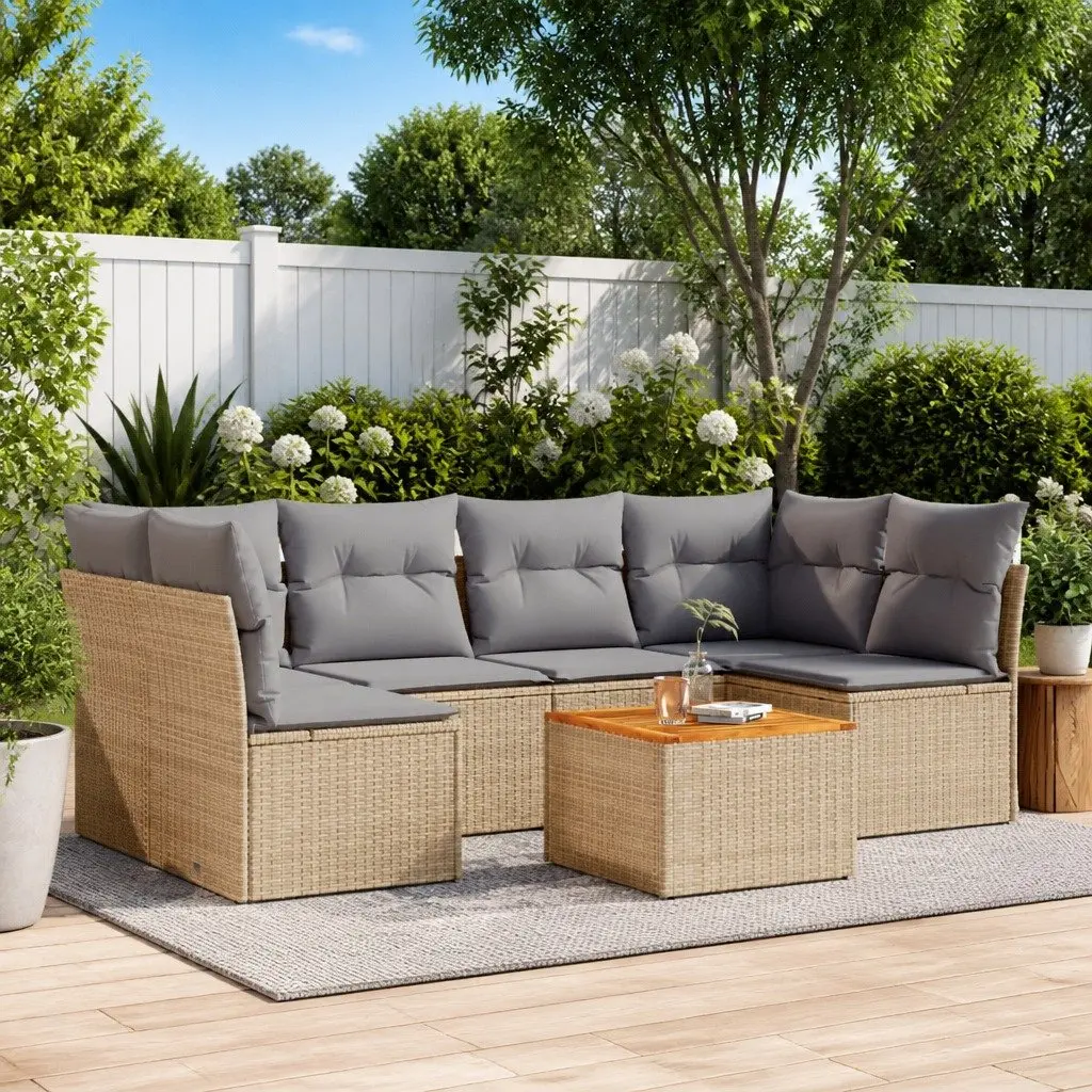 Outdoor Garden Sofa Set 7 Piece Patio Furniture Beige Poly Rattan with Cushions