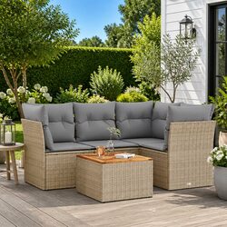 5 Piece Outdoor Garden Sofa Set with Cushions Beige Poly Rattan Patio Furniture