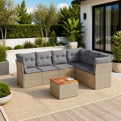 Outdoor Garden Sofa Set 7 Piece Beige Poly Rattan Patio Furniture with Cushions