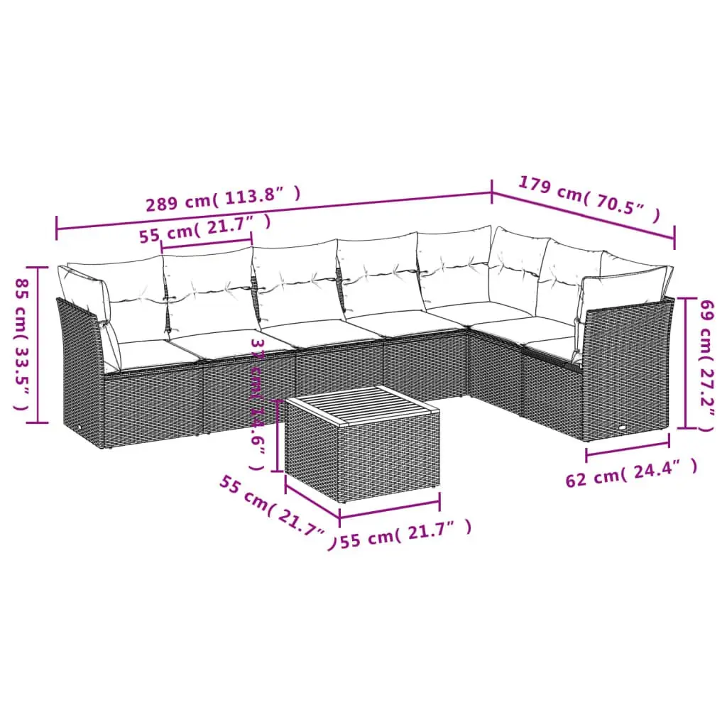 Outdoor Garden Sofa Set Modular 8 Piece Grey Poly Rattan with Cushions