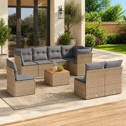 Garden Sofa Set 9 Piece Outdoor Furniture Beige Poly Rattan Patio Seating with
