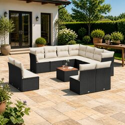 Garden Sofa Set 12 Piece Outdoor Furniture with Cushions Black Poly Rattan