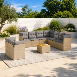Garden Sofa Set 10 Piece Outdoor Furniture Beige Poly Rattan Patio Cushions