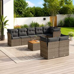 9 Piece Garden Sofa Set Grey Outdoor Furniture Patio Rattan Lounge with Cushions