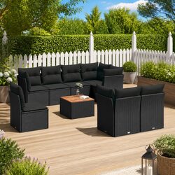9 Piece Outdoor Garden Sofa Set Black Poly Rattan Patio Furniture with Cushions