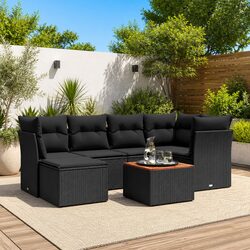 7 Piece Outdoor Garden Sofa Set with Cushions Black Poly Rattan Patio Furniture