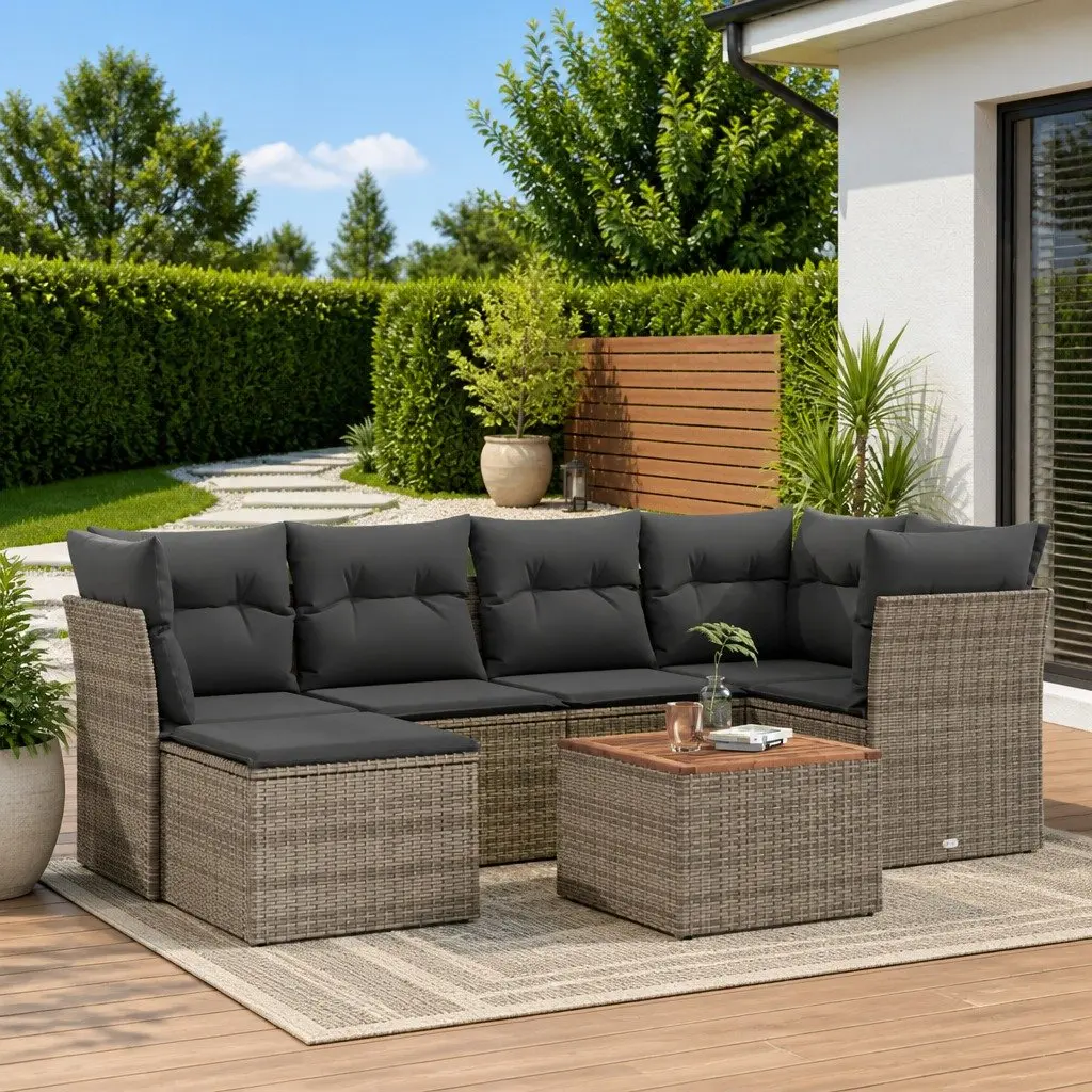 7 Piece Garden Sofa Set Outdoor Patio Furniture Grey Poly Rattan with Cushions