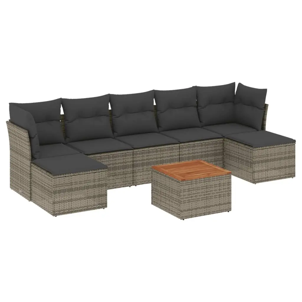 Garden Sofa Set Modular Outdoor Furniture 8 Piece Grey PE Rattan with Acacia Wood Table Top and Thickly Padded Cushions