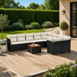 Garden Sofa Set 10 Piece Outdoor Furniture Black Poly Rattan Patio Lounge with