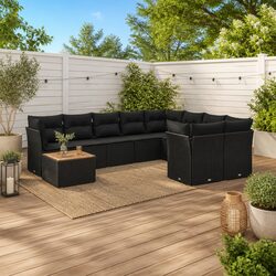 10 Piece Outdoor Garden Sofa Set with Cushions Black Poly Rattan Patio Furniture