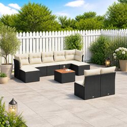 10 Piece Outdoor Garden Sofa Set Black Poly Rattan Furniture with Cushions Patio