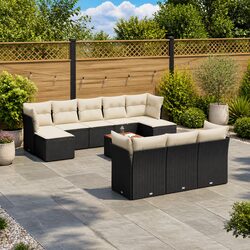 Outdoor Garden Sofa Set 11 Piece Black Poly Rattan Patio Furniture with Cushions