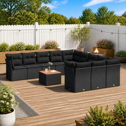 Garden Sofa Set 12 Piece Outdoor Furniture Black Poly Rattan Modular Patio