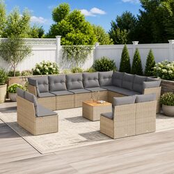 Garden Sofa Set 13 Piece Outdoor Furniture Patio Beige Poly Rattan with Cushions