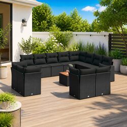 Garden Sofa Set 13 Piece Outdoor Furniture Black Poly Rattan with Cushions Patio