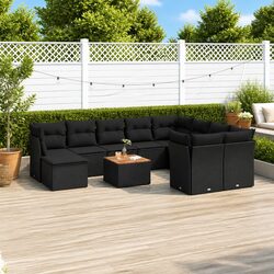 Garden Sofa Set 11 Piece Outdoor Furniture Black Poly Rattan with Cushions Patio