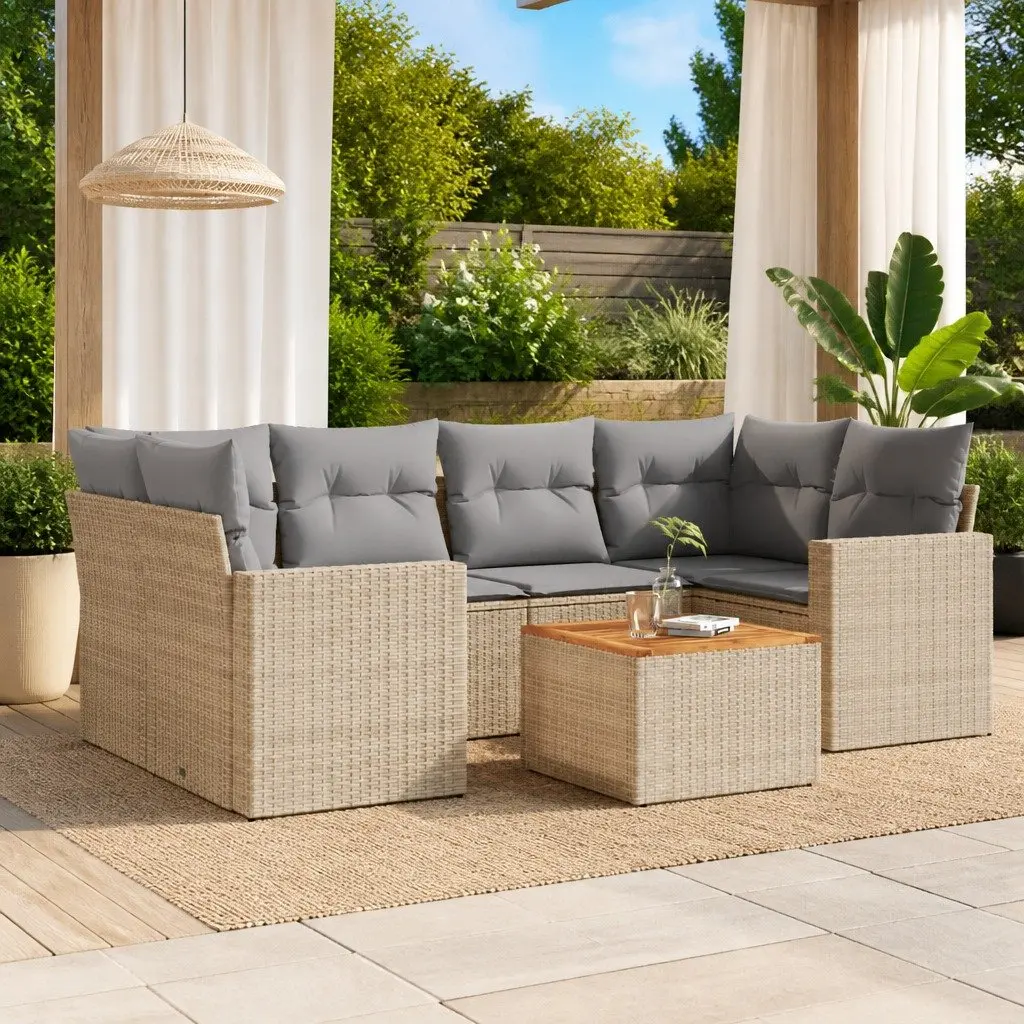 7 Piece Garden Sofa Set Outdoor Patio Furniture with Cushions Beige Poly Rattan